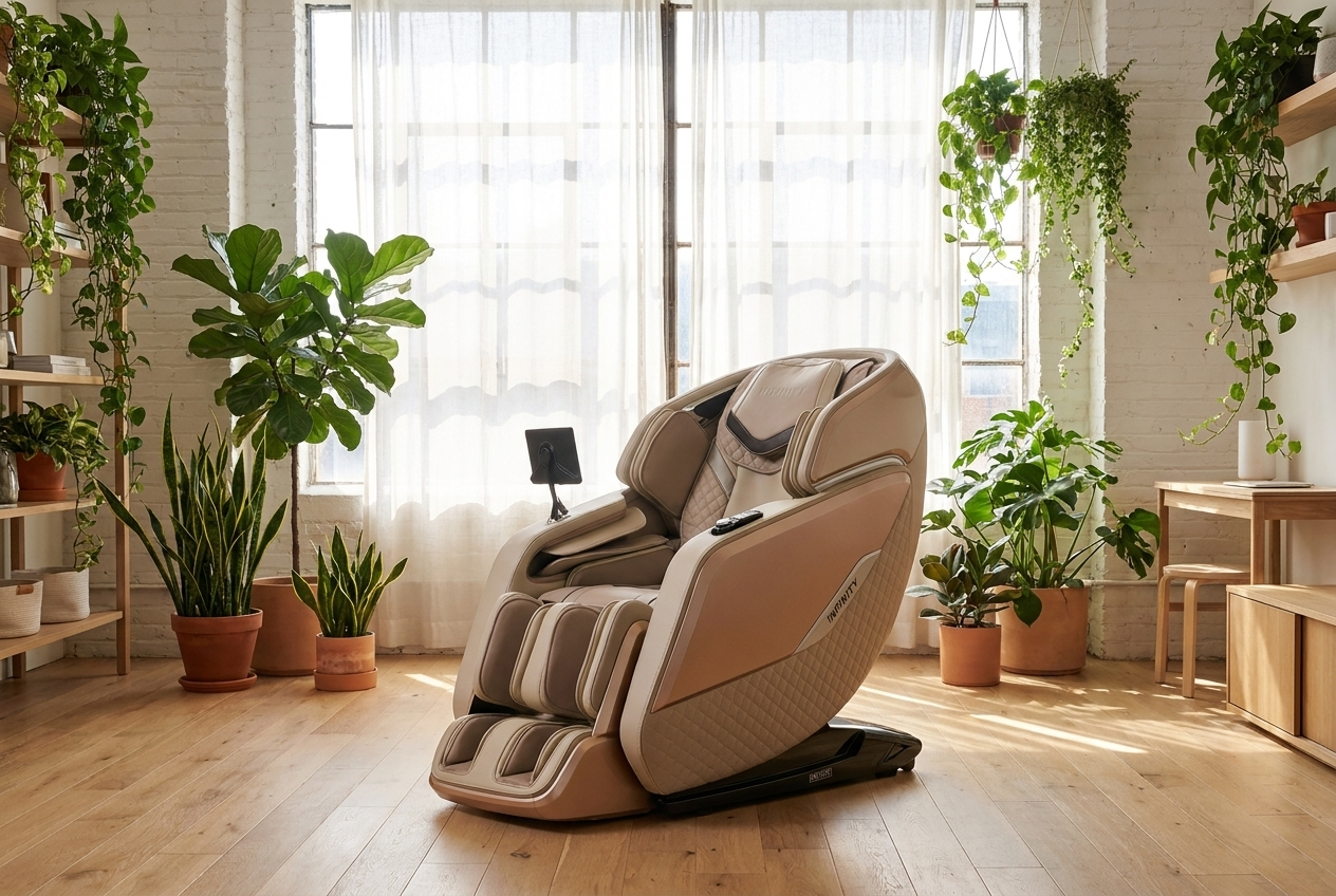 A massage chair in a bright airy living space