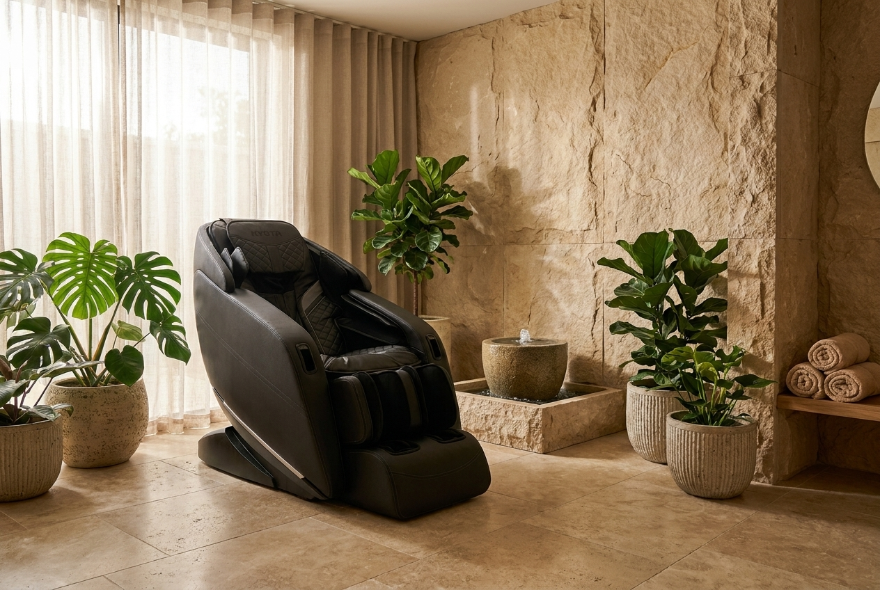 A massage chair in a serene spa-like wellness room