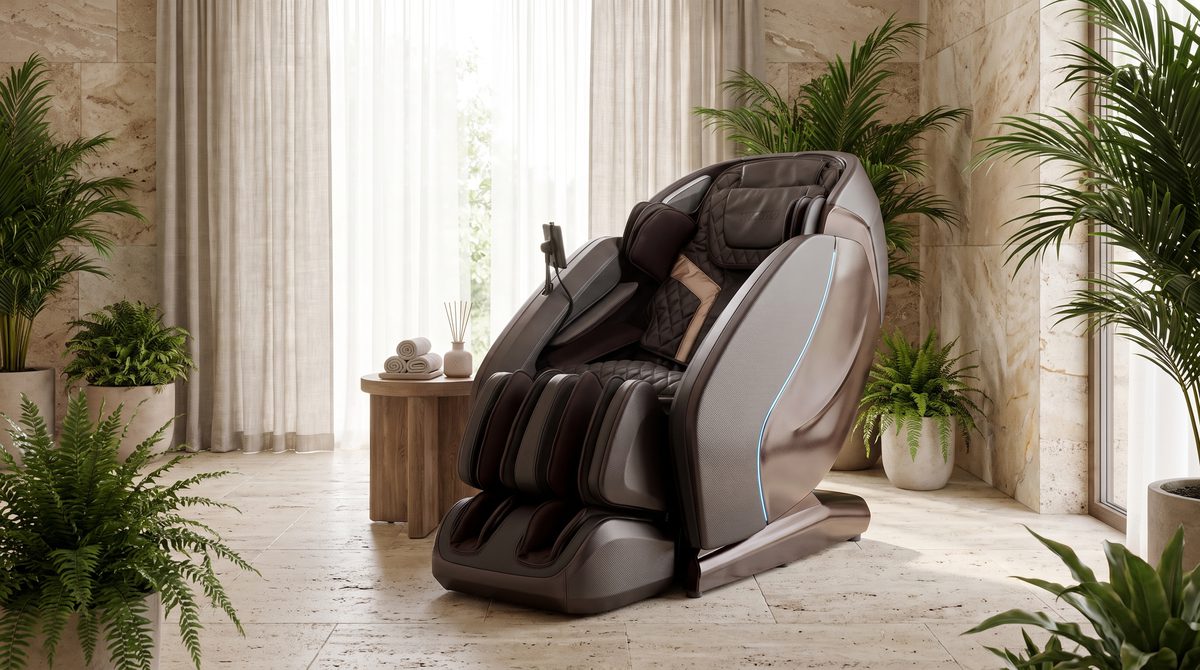 A luxury massage chair in a serene spa-like room