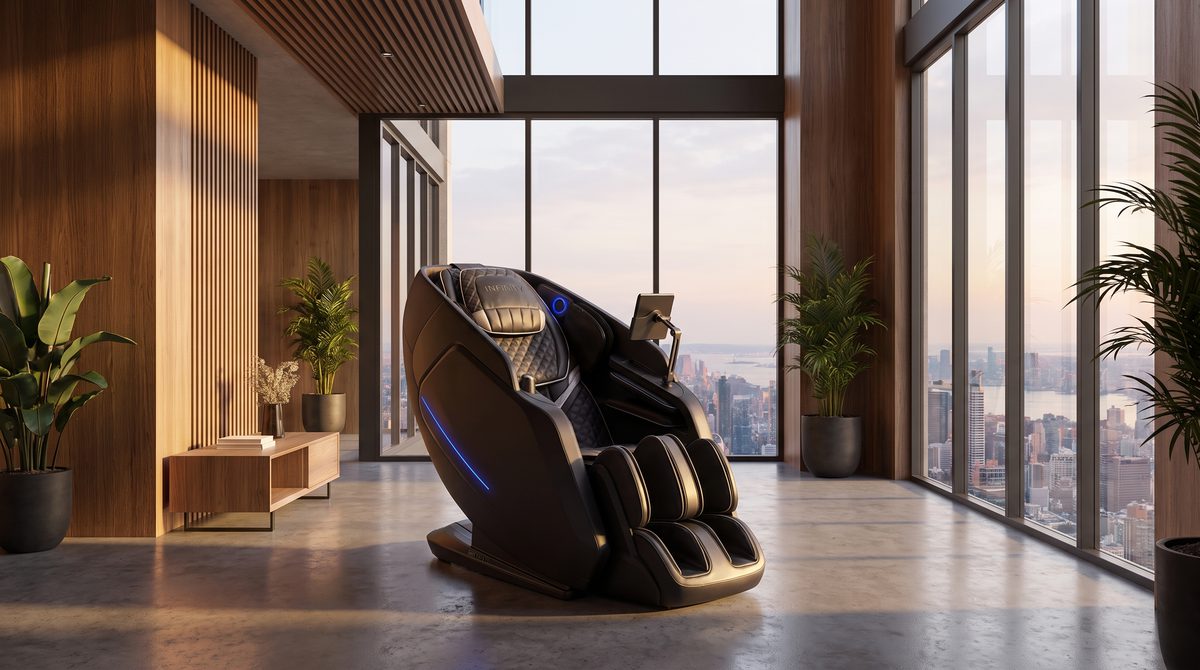 A luxury massage chair in a modern minimalist loft