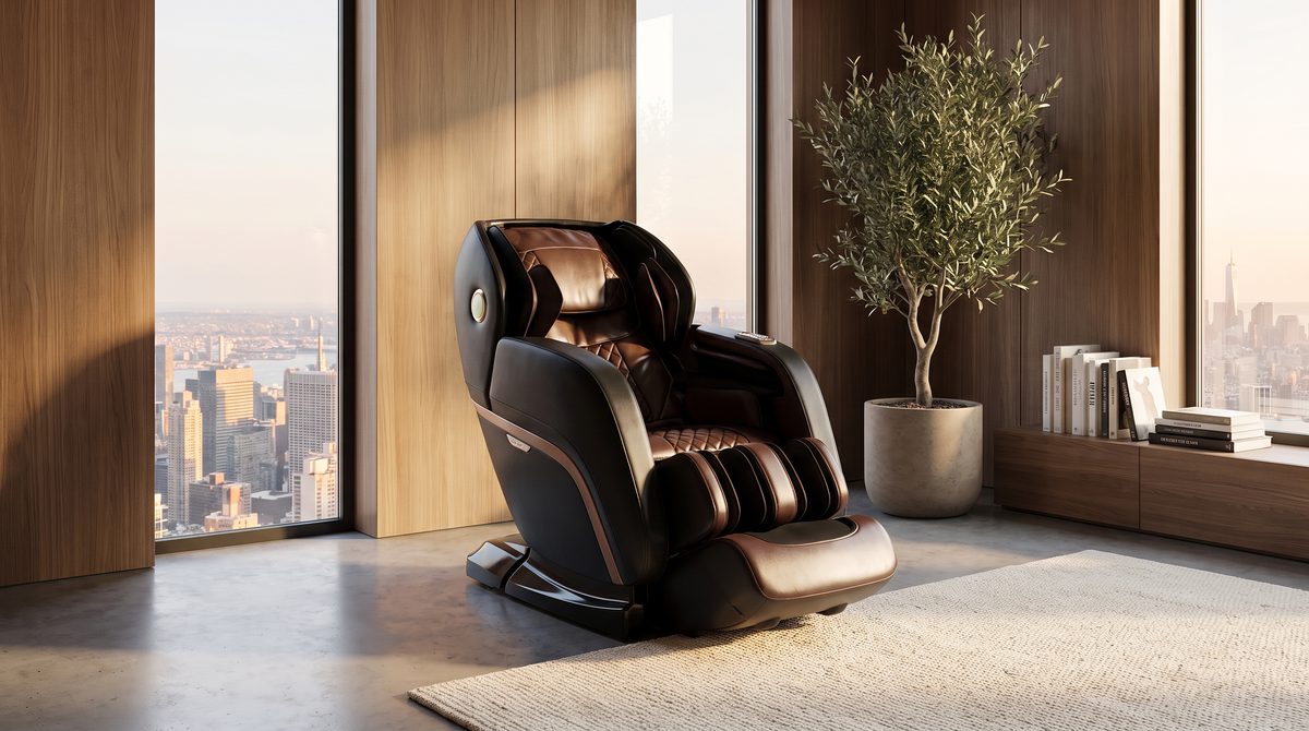 A luxury massage chair in a modern minimalist loft