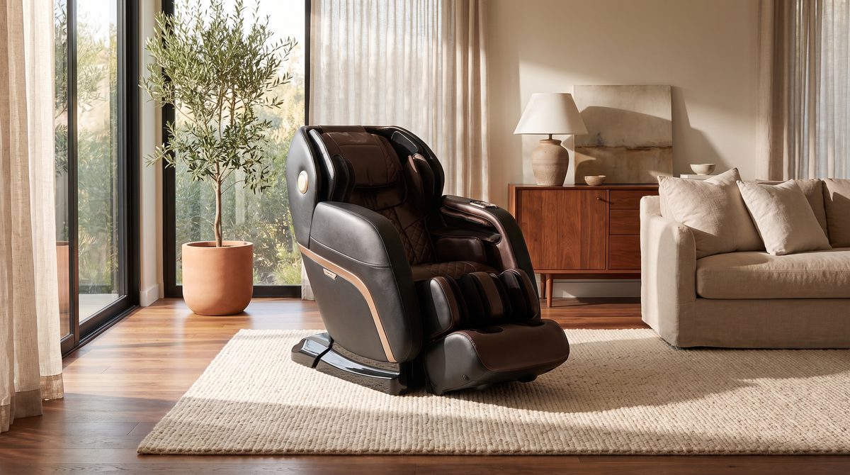 A premium massage chair in a warm contemporary living room