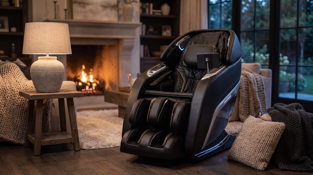 A luxury massage chair as the centerpiece of a bright Scandinavian living room