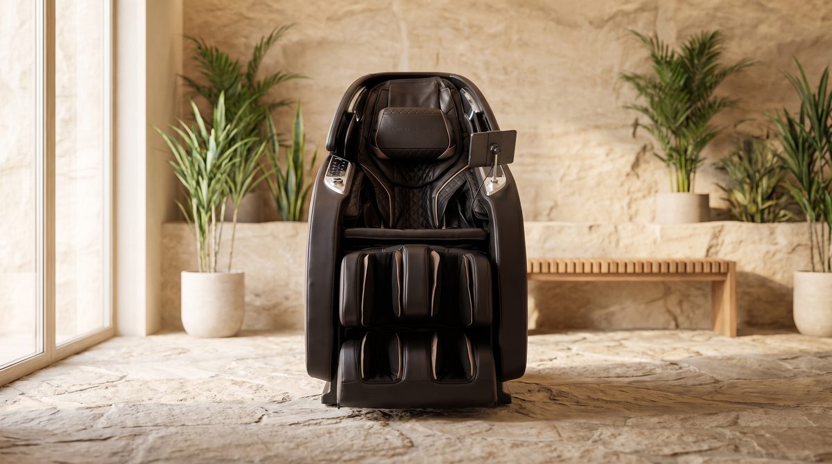 A premium massage chair in a warm modern interior with soft daylight