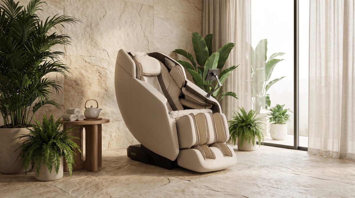 A premium massage chair in a serene spa-like wellness room