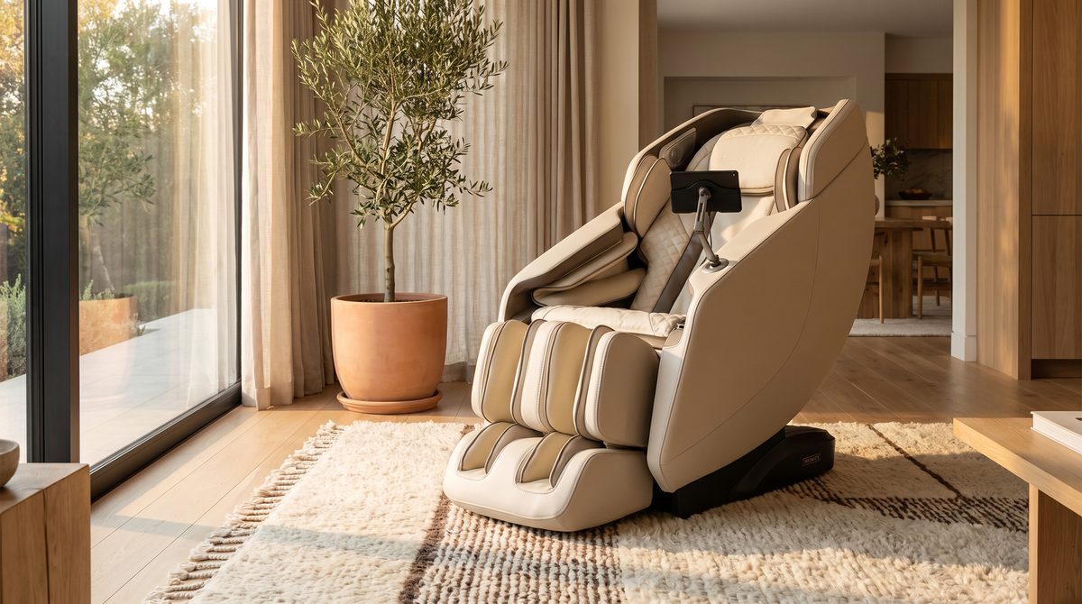 A luxury massage chair in a warm contemporary living room