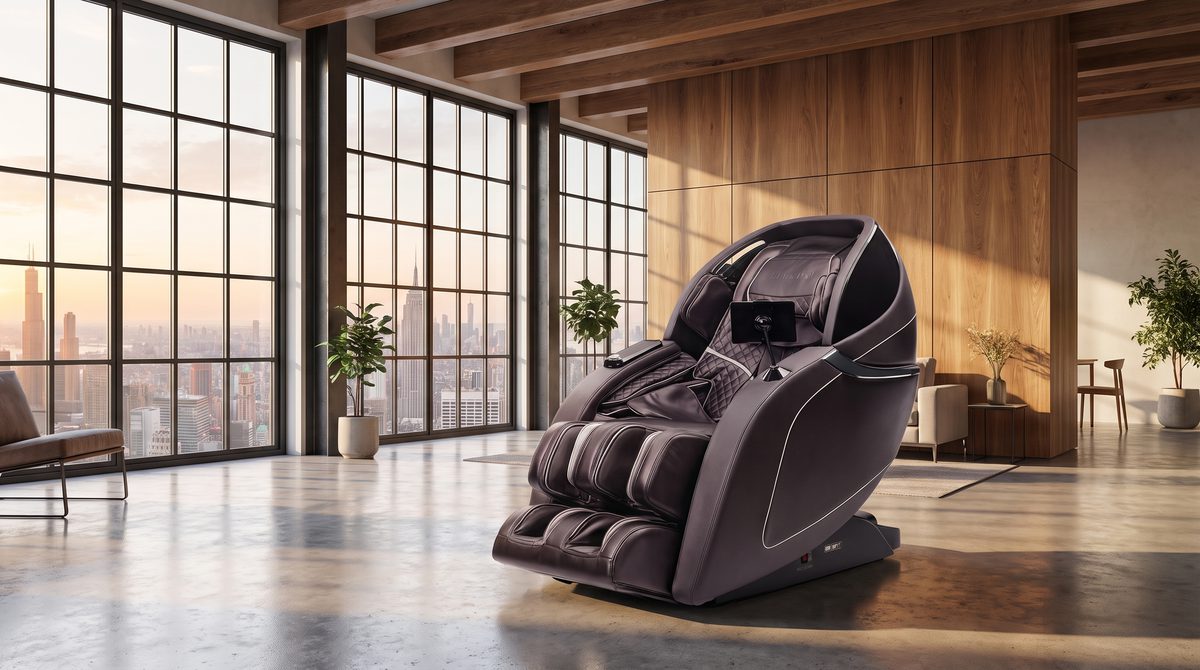 A luxury massage chair in a modern minimalist loft