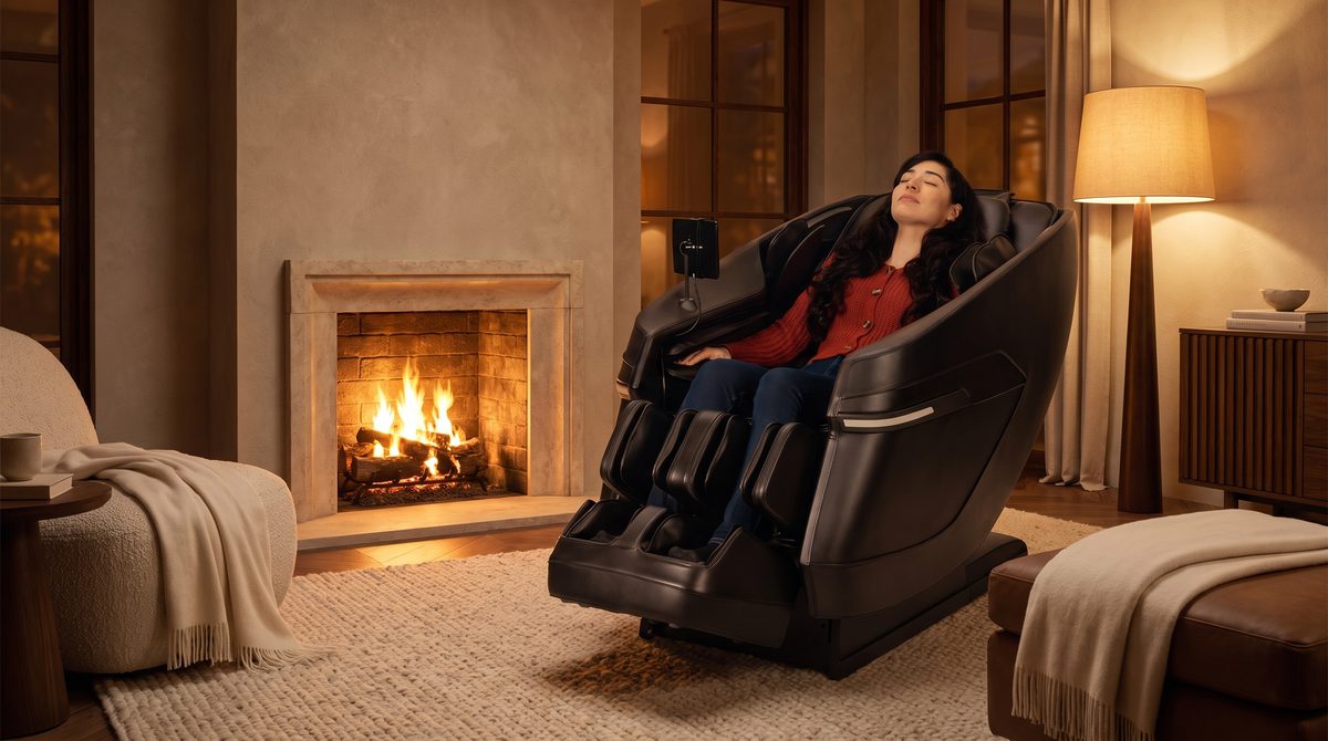 A premium massage chair by a fireplace in a warm evening living room