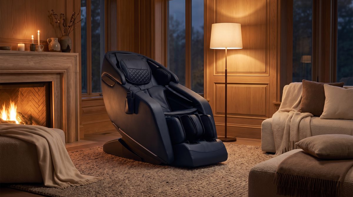 A premium massage chair by a fireplace in a warm evening living room