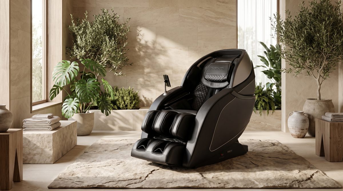 A premium massage chair in a serene spa-like room
