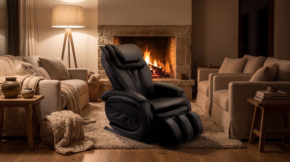 A premium massage chair by a fireplace in a warm evening living room