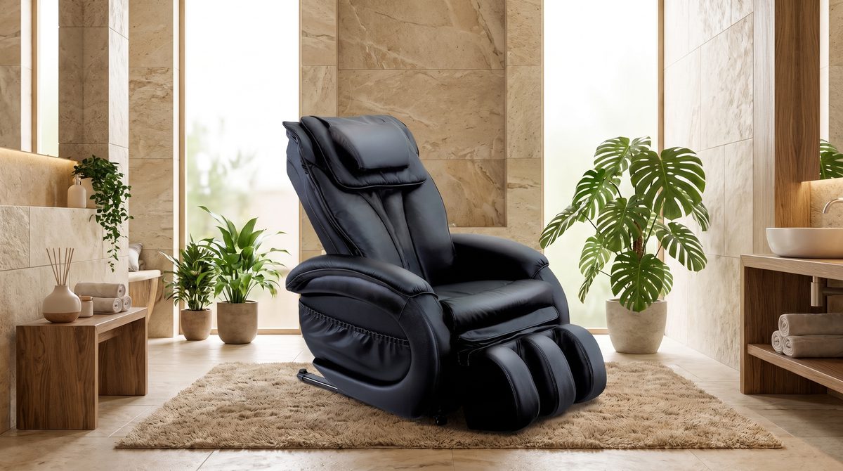 A luxury massage chair in a serene spa-like room