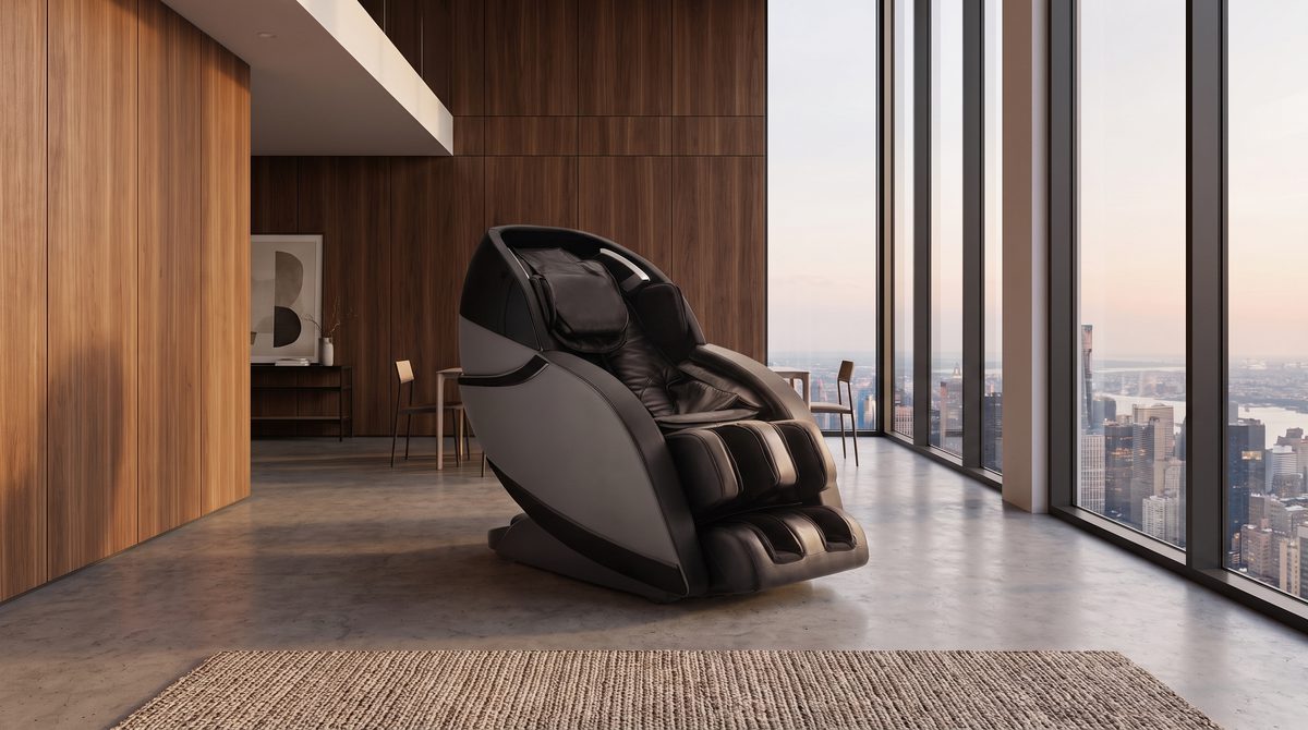 A luxury massage chair in a modern minimalist loft