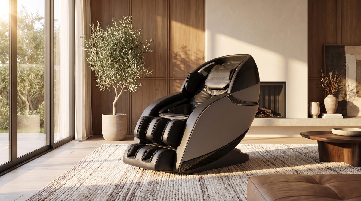 A premium massage chair in a warm contemporary living room