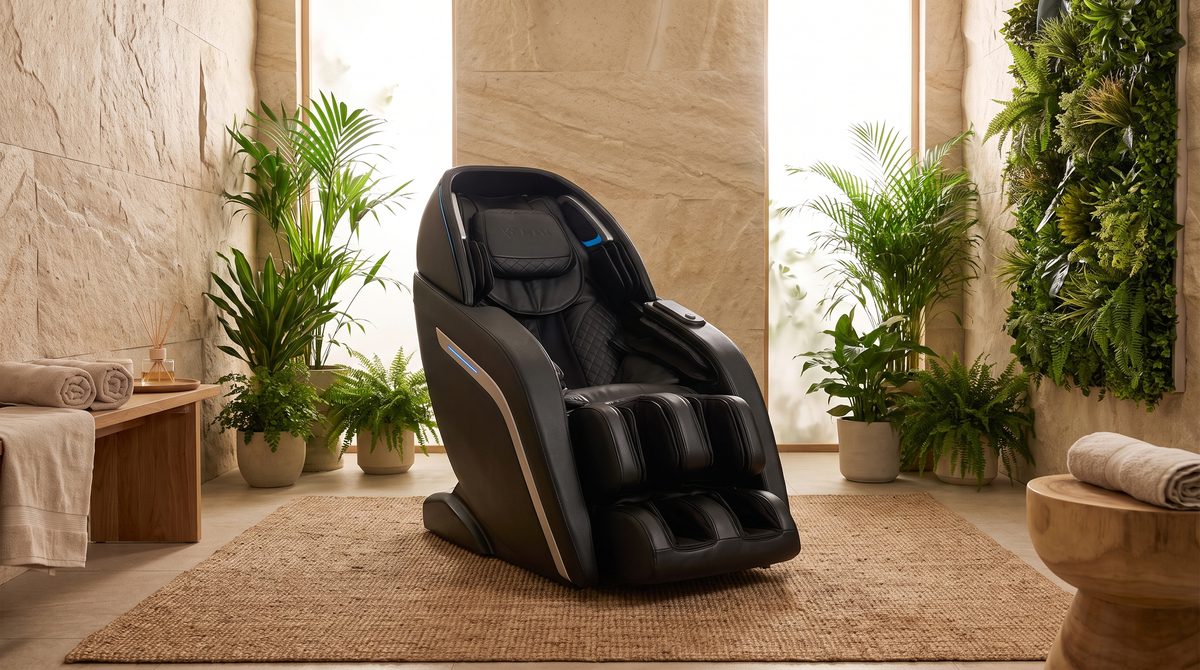 A luxury massage chair in a serene spa-like room