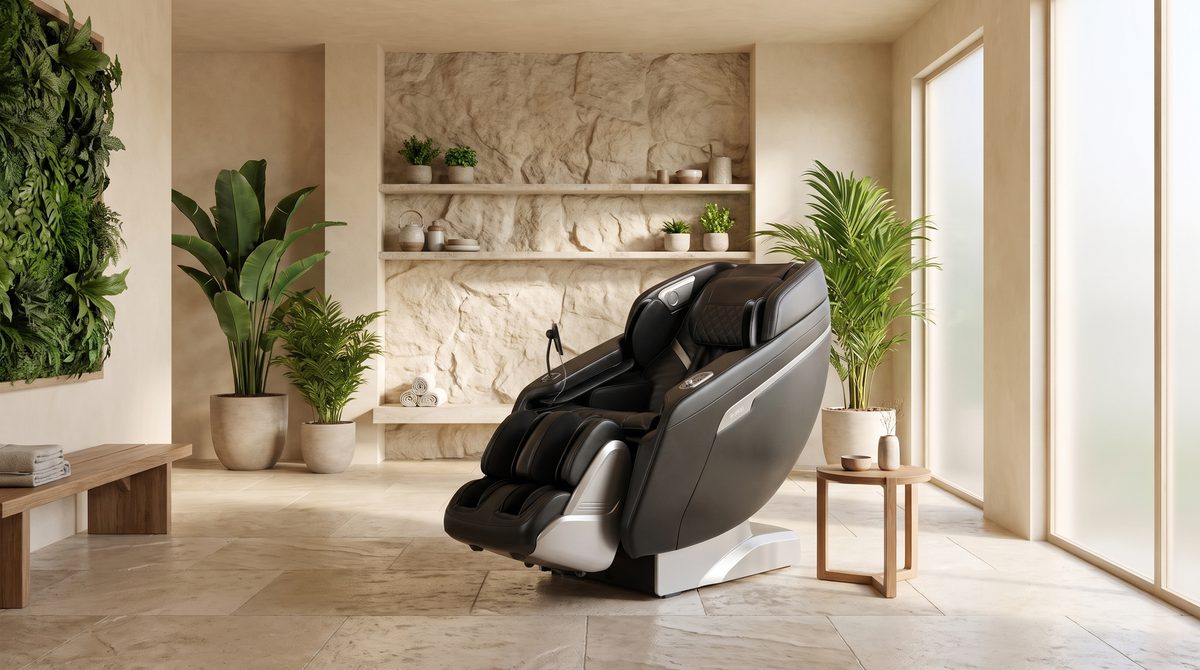 A luxury massage chair in a serene spa-like room