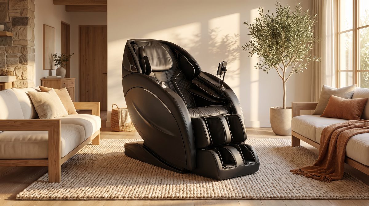 A premium massage chair in a warm contemporary living room