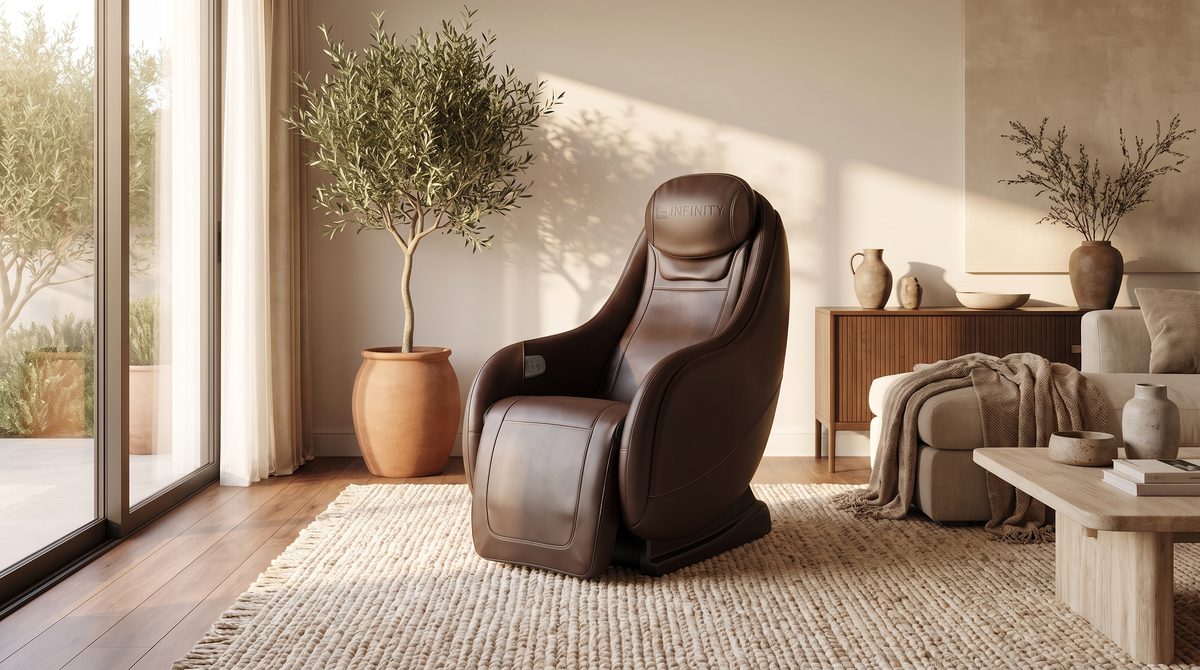 A premium massage chair in a warm contemporary living room