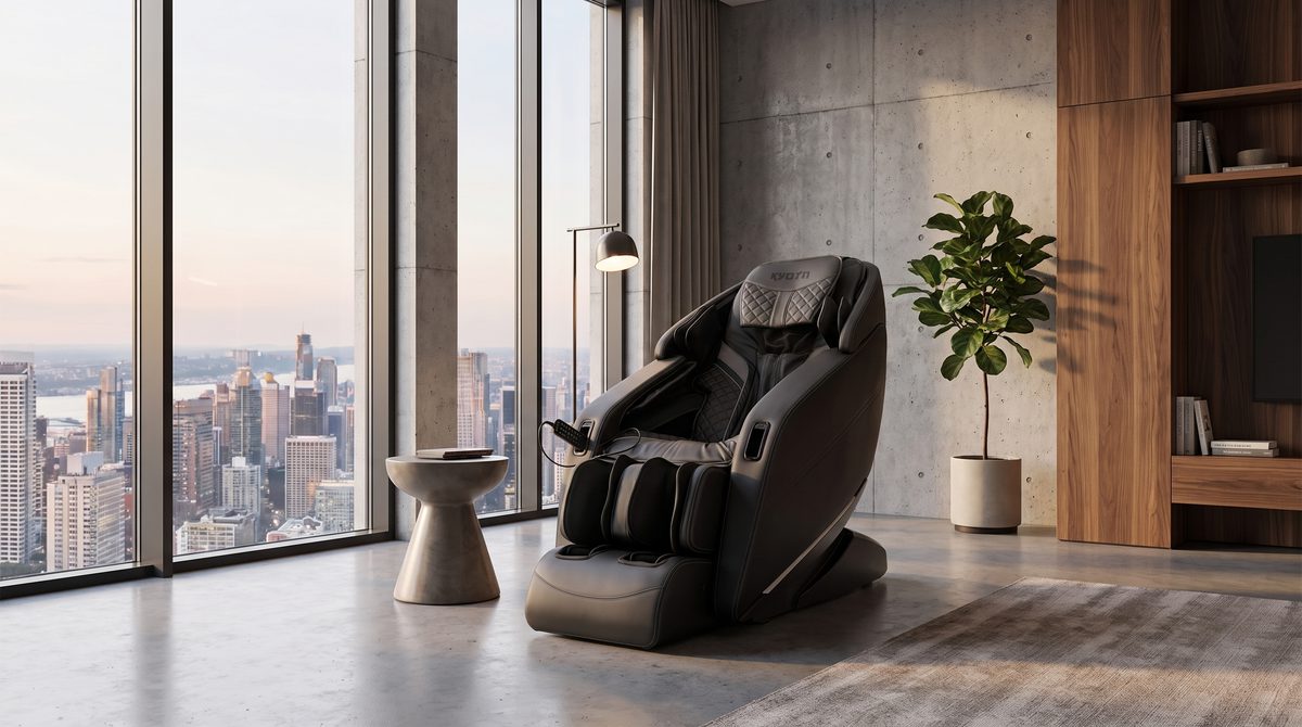 A luxury massage chair in a modern minimalist loft