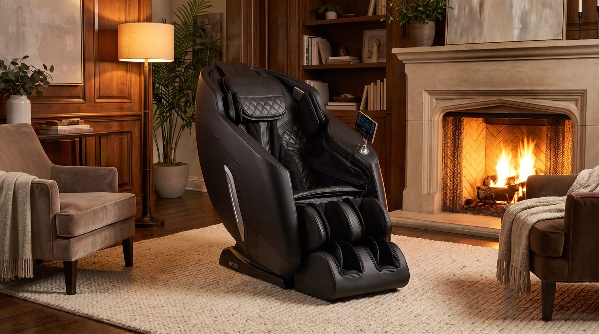 A premium massage chair by a fireplace in a warm evening living room