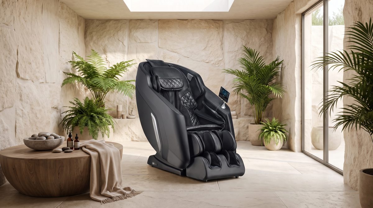 A luxury massage chair in a serene spa-like room