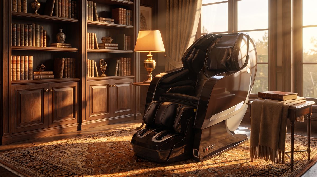 A luxury massage chair in an elegant reading nook