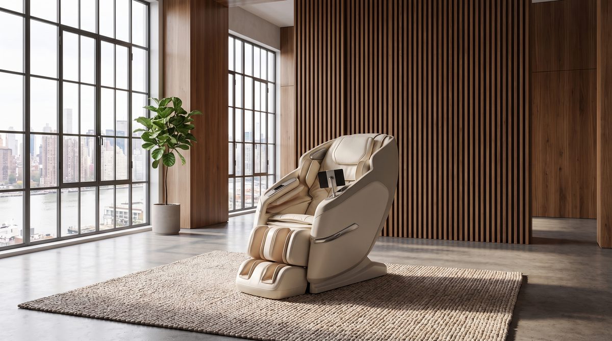 A luxury massage chair in a modern minimalist loft