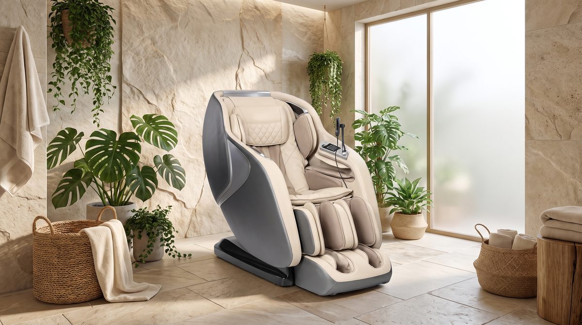 A luxury massage chair in a serene spa-like room