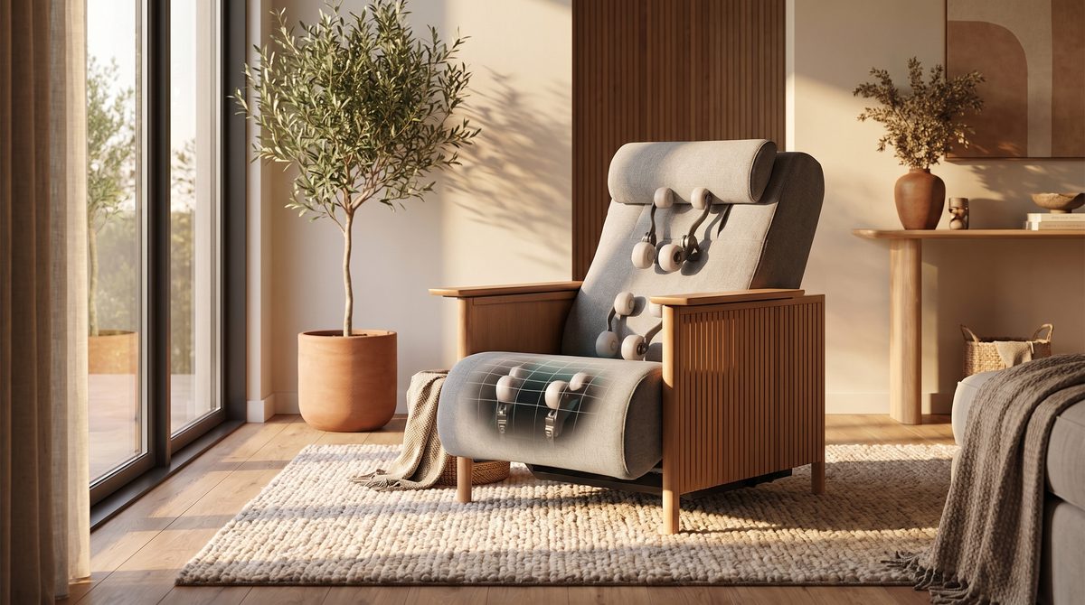 A premium massage chair in a warm contemporary living room