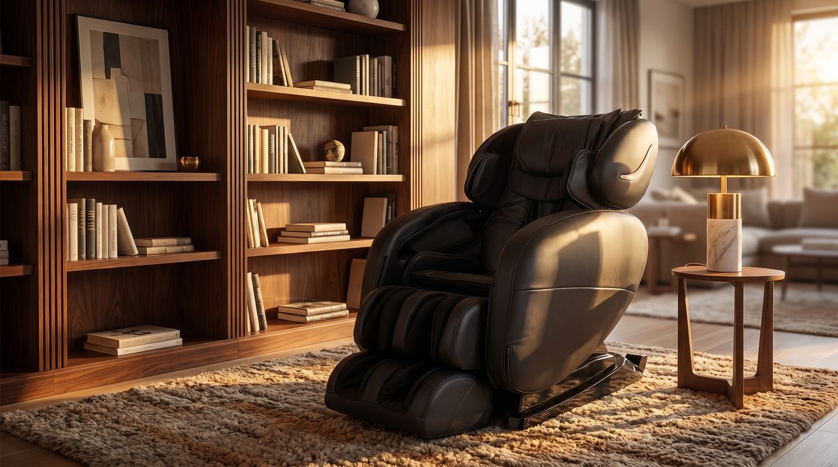 A luxury massage chair in an elegant reading nook