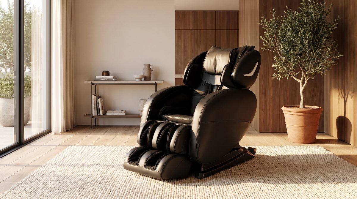 A premium massage chair in a warm contemporary living room