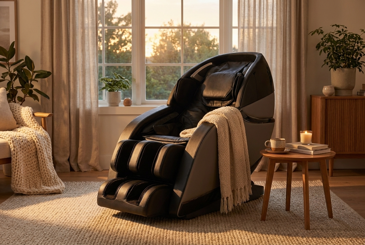 A massage chair in a warm, inviting room
