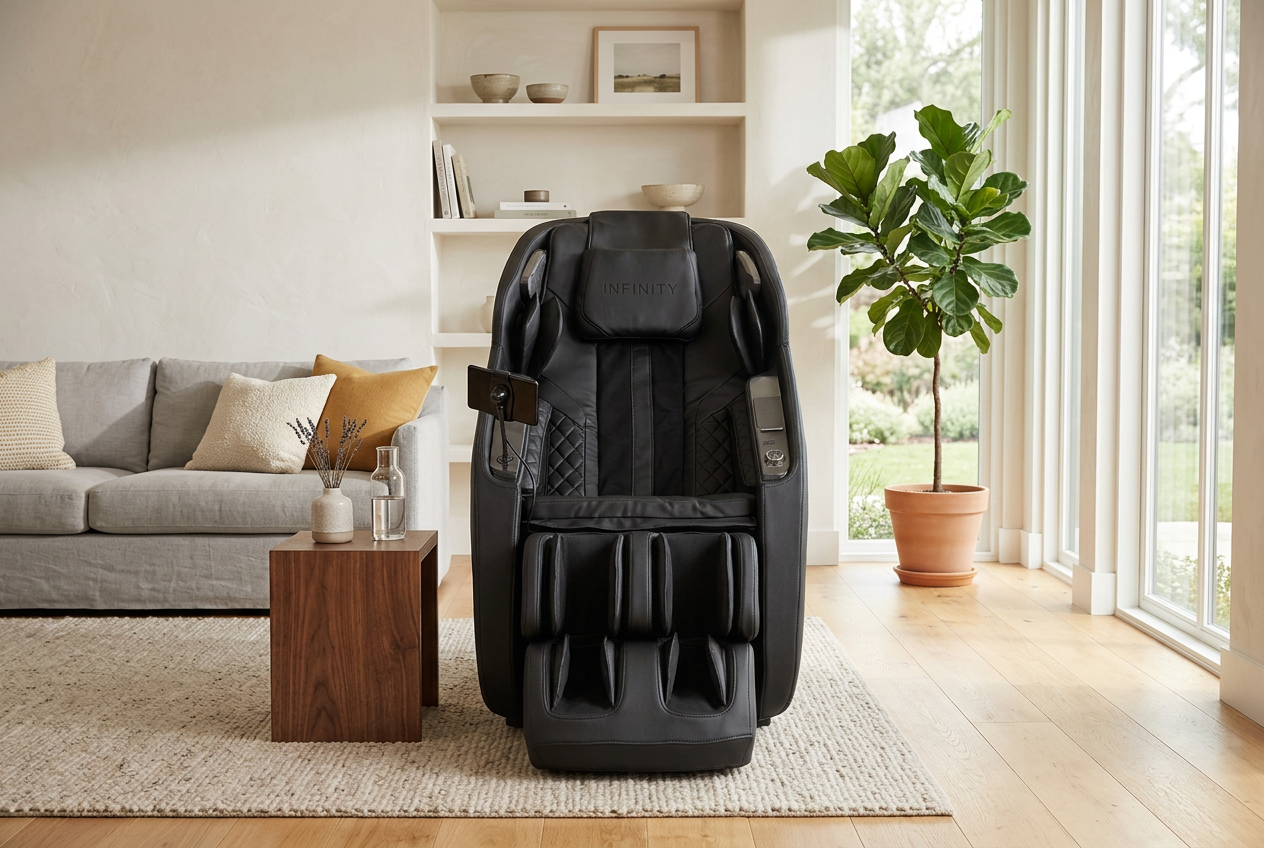A massage chair in a calm, welcoming living room