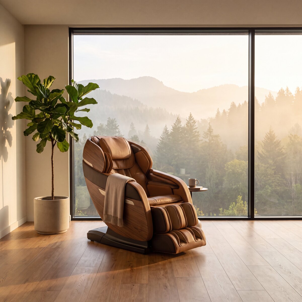 Brown leather massage chair by a window with a misty forest and mountain view