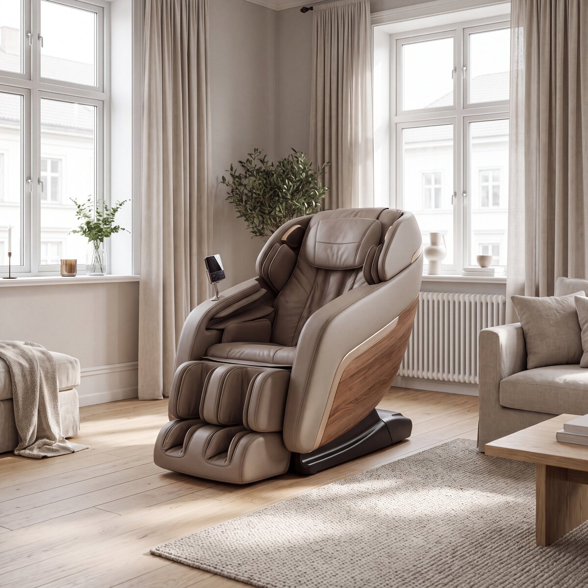 Taupe massage chair in a bright Scandinavian living room