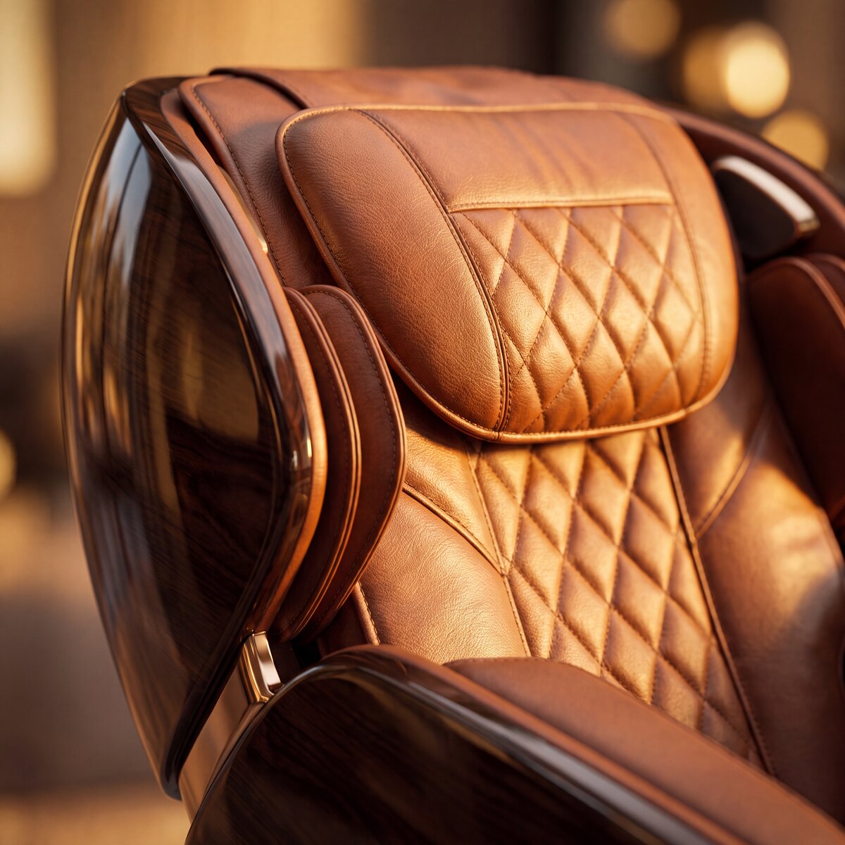 Close-up of the quilted leather and glossy shell of a luxury massage chair