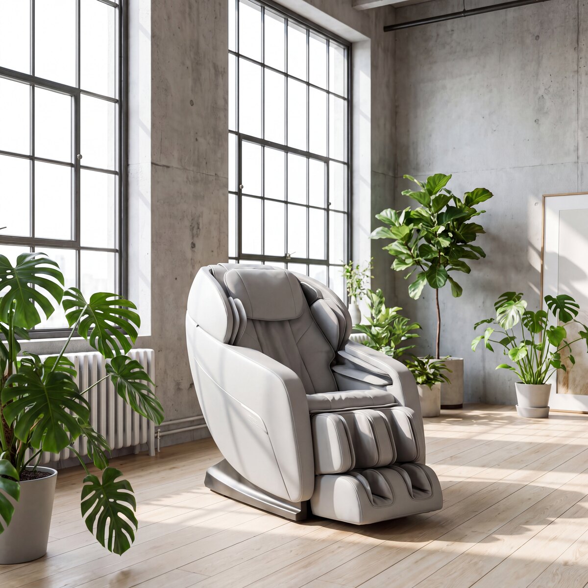 Light grey massage chair in a bright industrial loft with plants